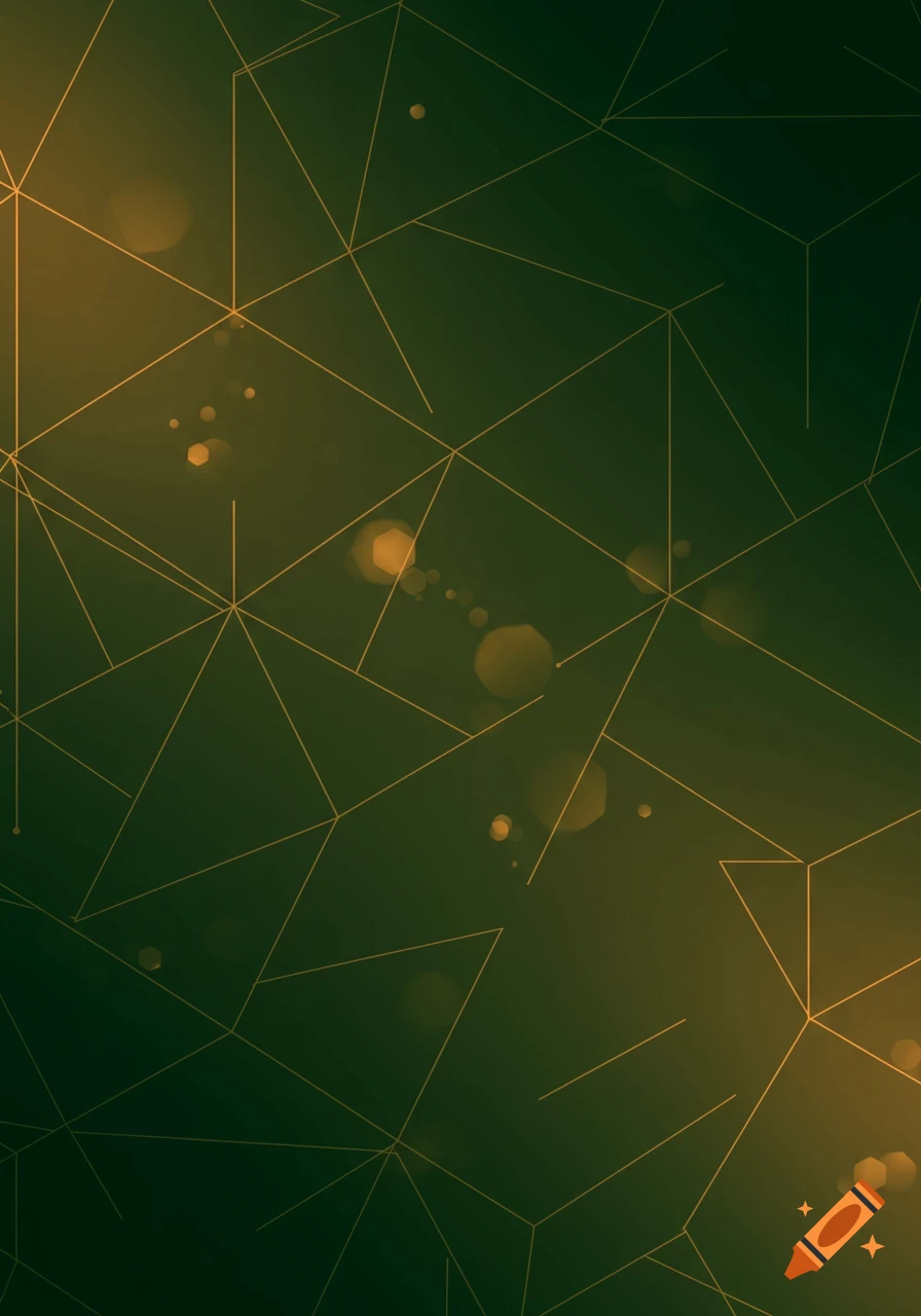 A dark green background with subtle orange geometric lines and scattered glowing orange bokeh effects.