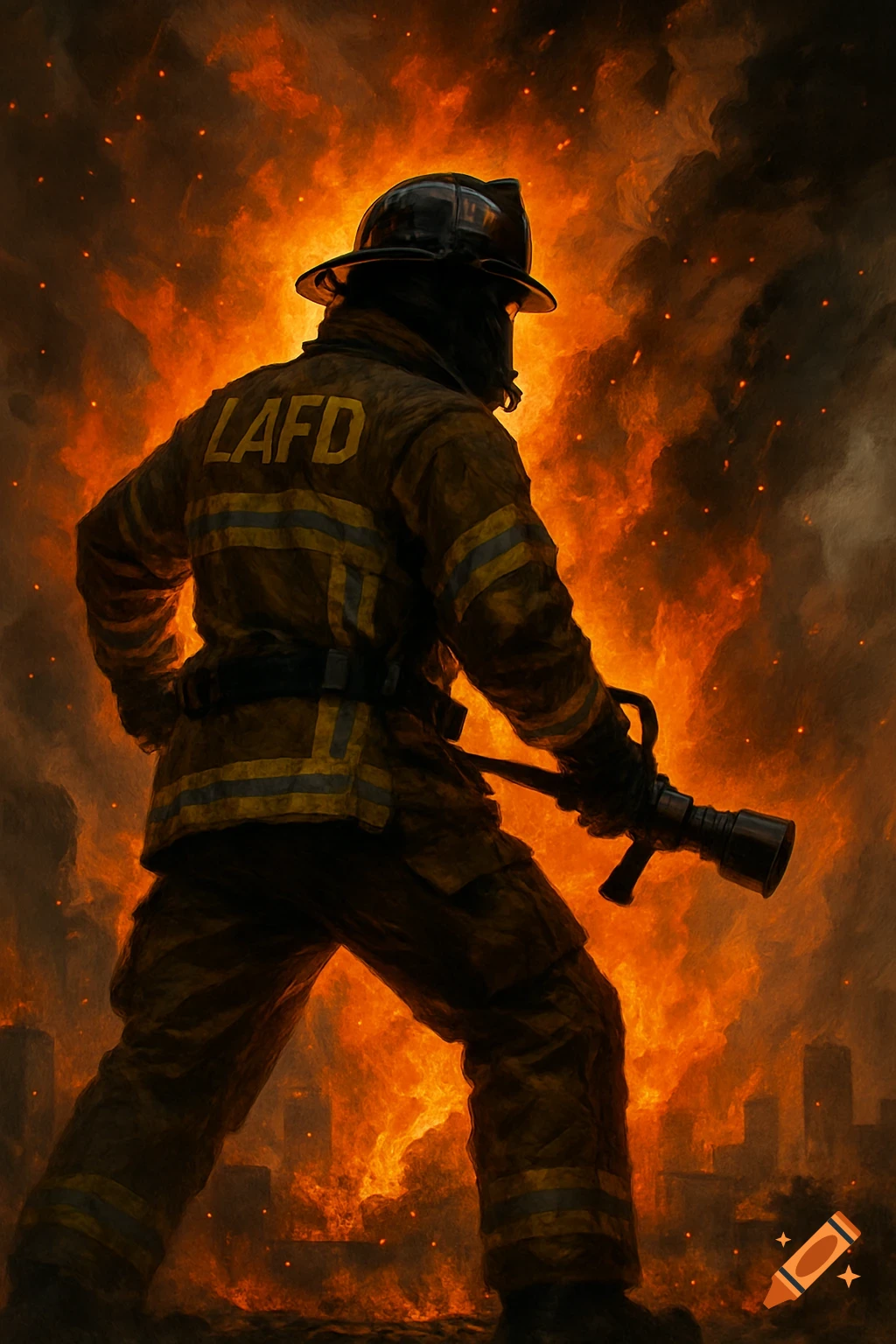A firefighter, back to the viewer, stands amidst a fiery explosion with a city skyline in the background, holding a hose nozzle. Text "LAFD" is on the jacket.