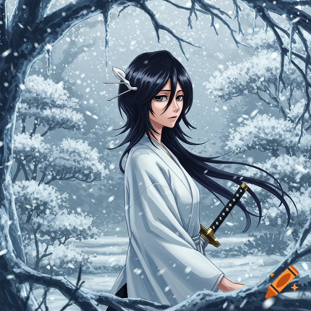 Anime style depiction of Rukia Kuchiki in a white kimono, holding a katana in a snowy forest with bare trees.
