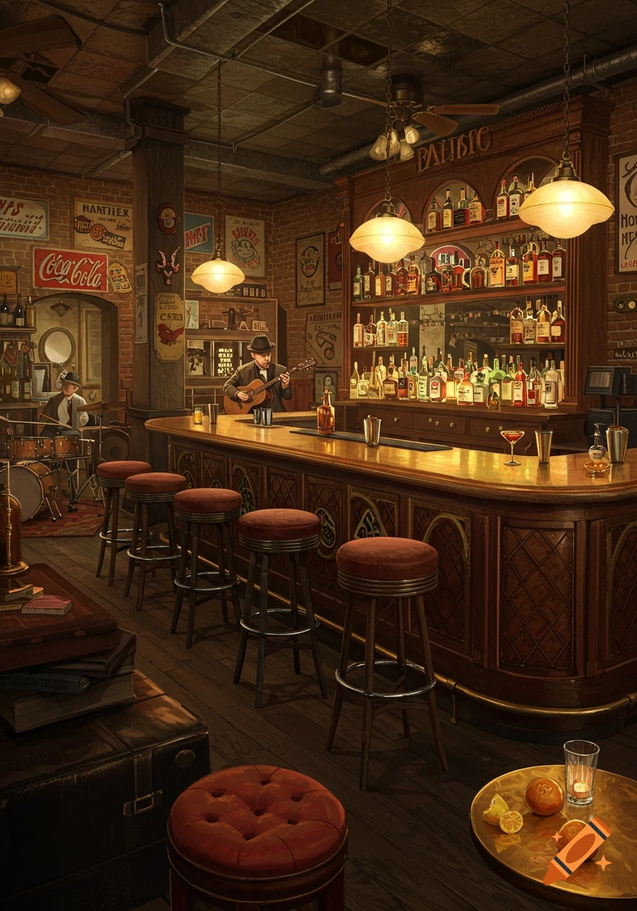 A detailed illustration of a vintage-style bar with two musicians, a guitar player and a drummer, and a well-stocked bar counter.