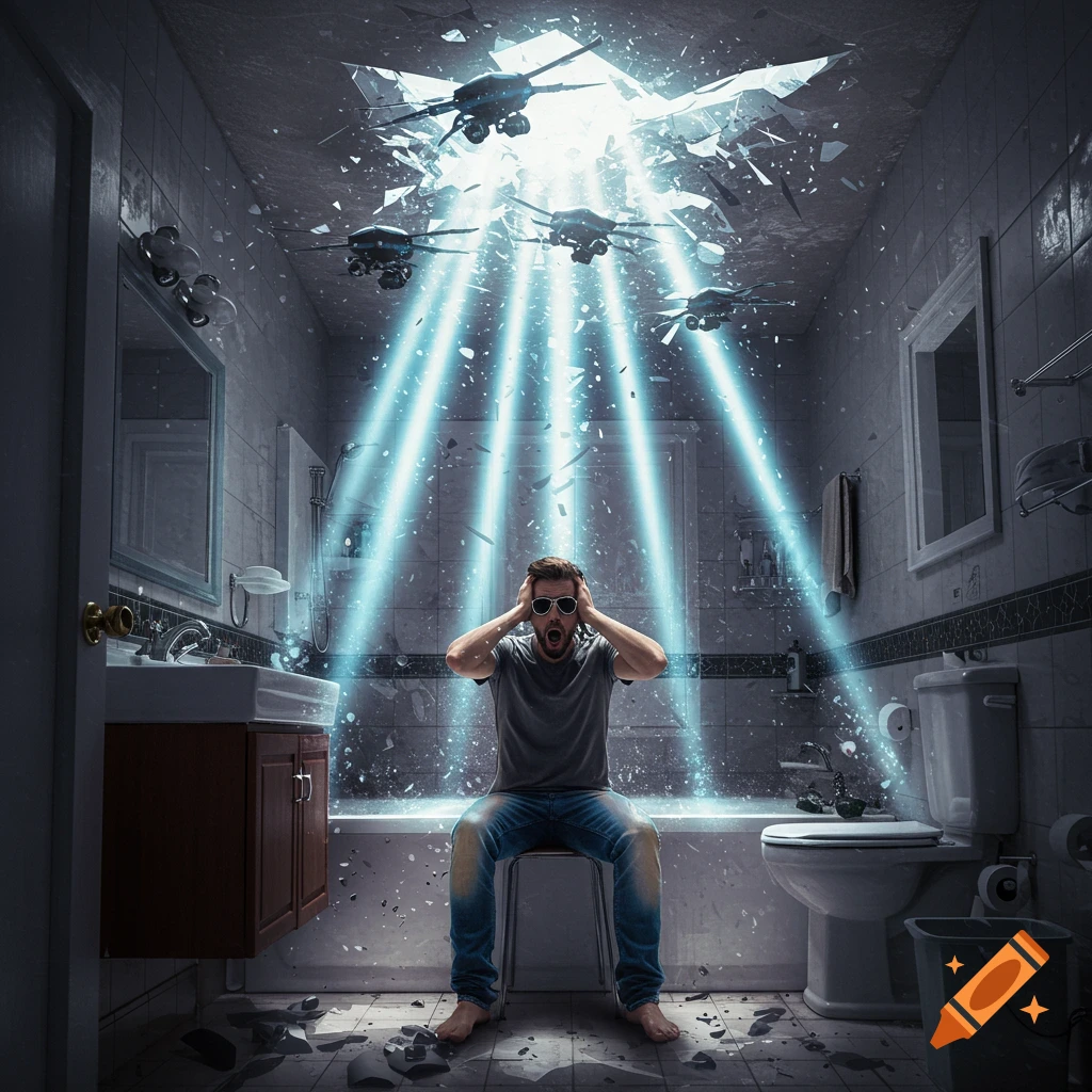 A man wearing sunglasses sits on a stool in a bathroom, holding his head in fear as drones shoot bright blue rays through the shattered ceiling.