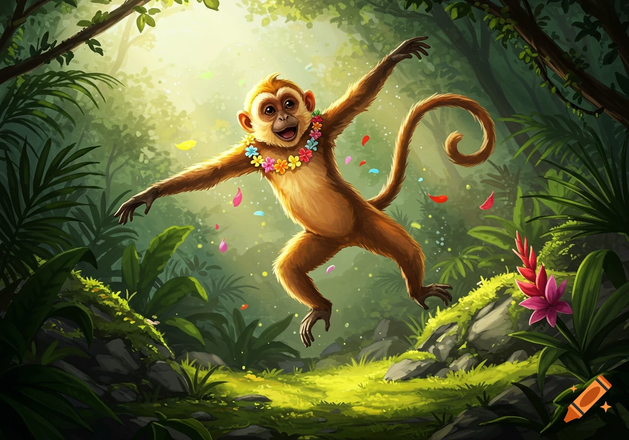 A whimsical cartoon monkey with a flower lei dances happily in a sunlit jungle, surrounded by colorful petals.