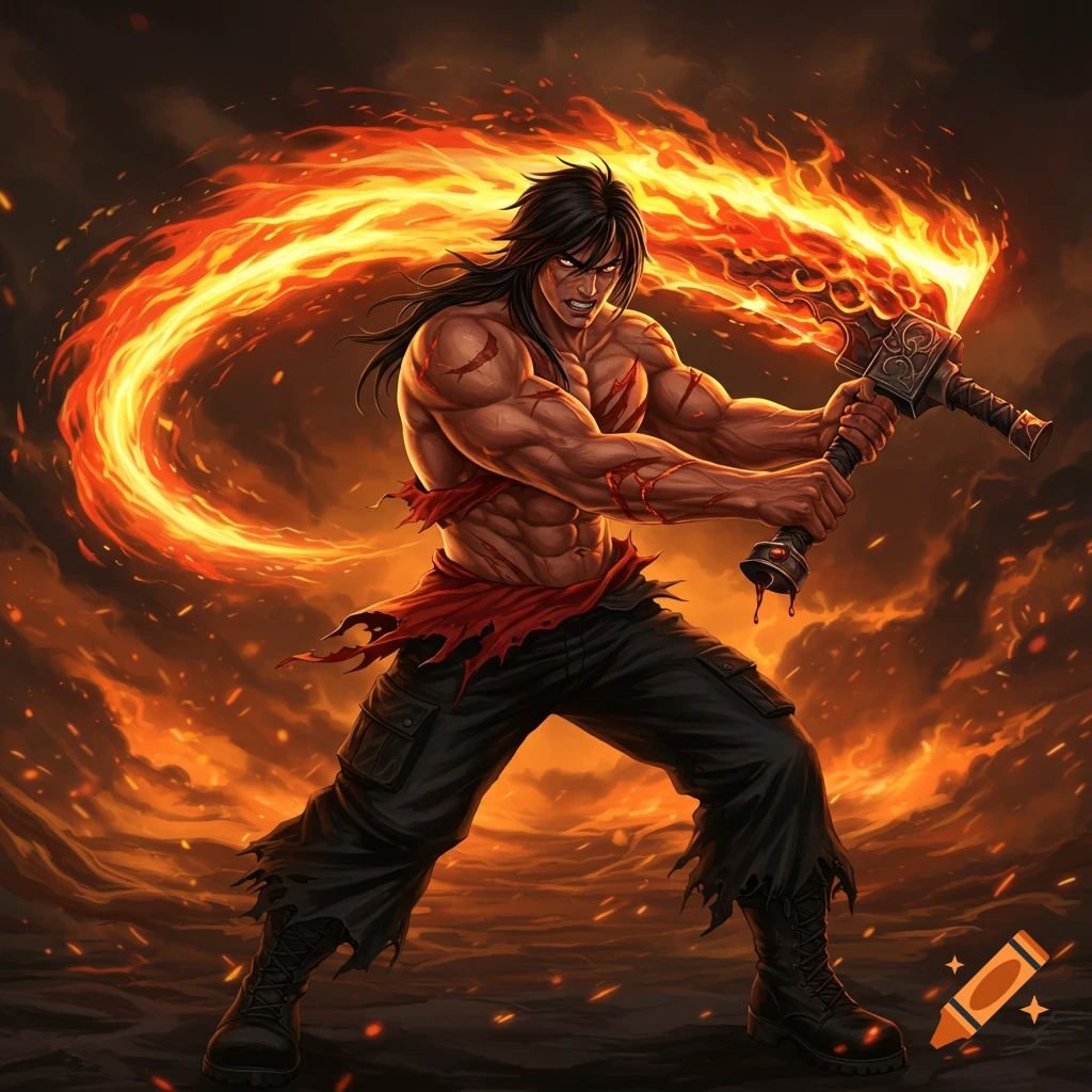 A muscular man with long black hair, an intense expression, and scars, stands in a dynamic pose wielding a massive flaming sword amidst fire and embers in an anime art style.