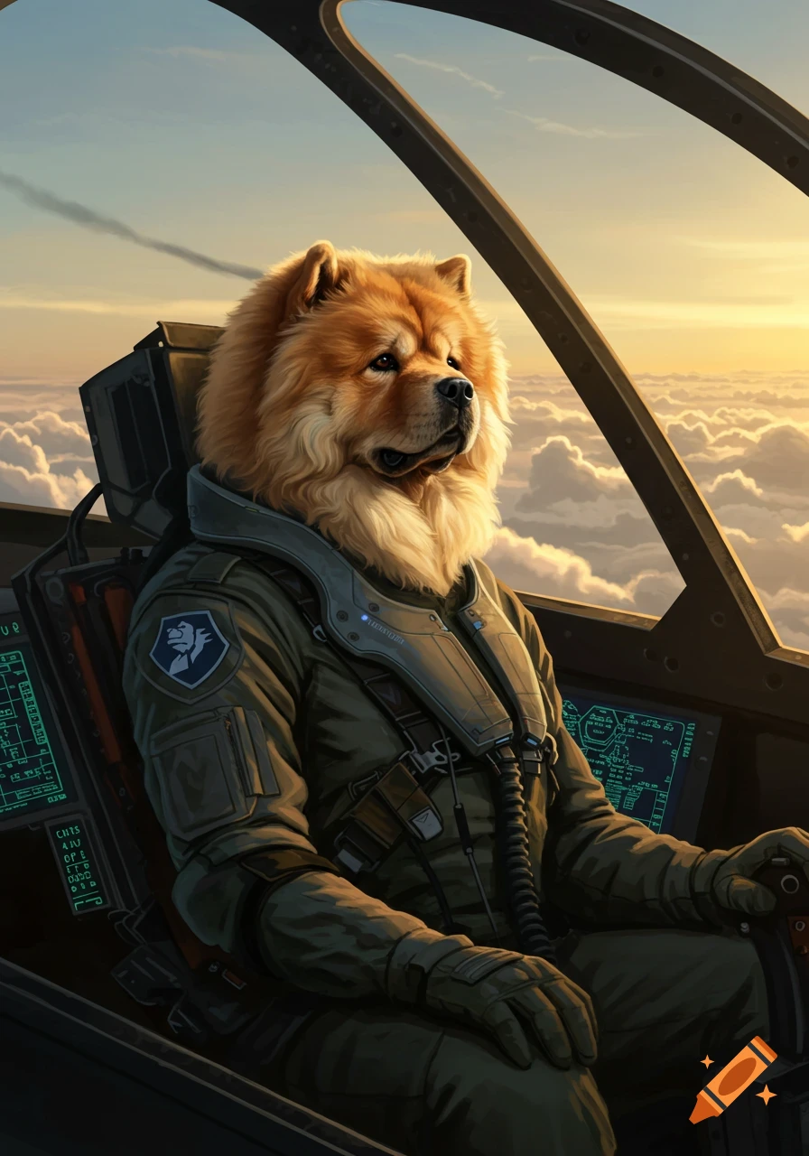 A photorealistic image of a Chow Chow dog in a pilot uniform sitting in a fighter jet cockpit above the clouds at sunset.