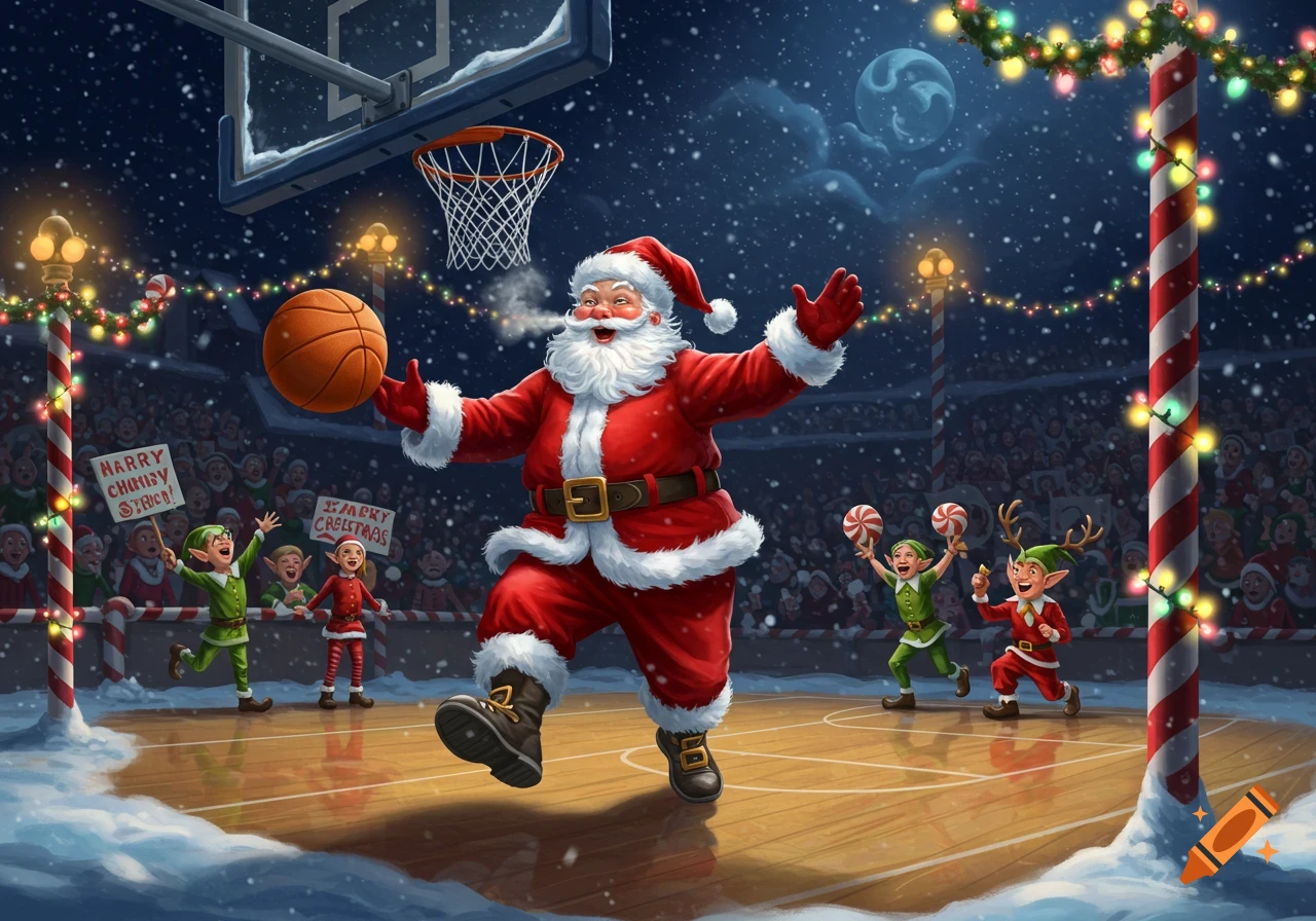 Santa Claus plays basketball on a snowy court at night, surrounded by cheering elves and festive lights.