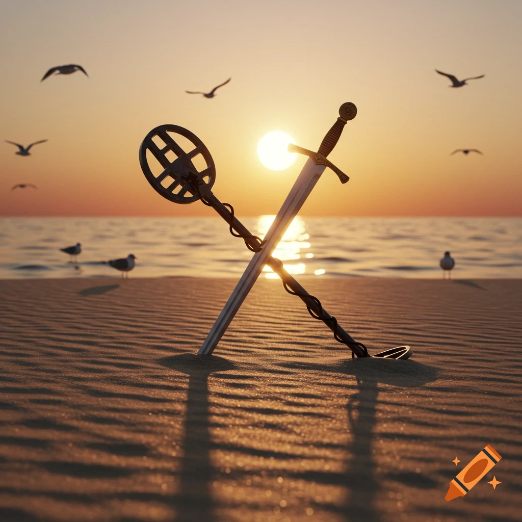 A metal detector and a sword crossed in the sand on a beach at sunset with seagulls. Photorealistic.