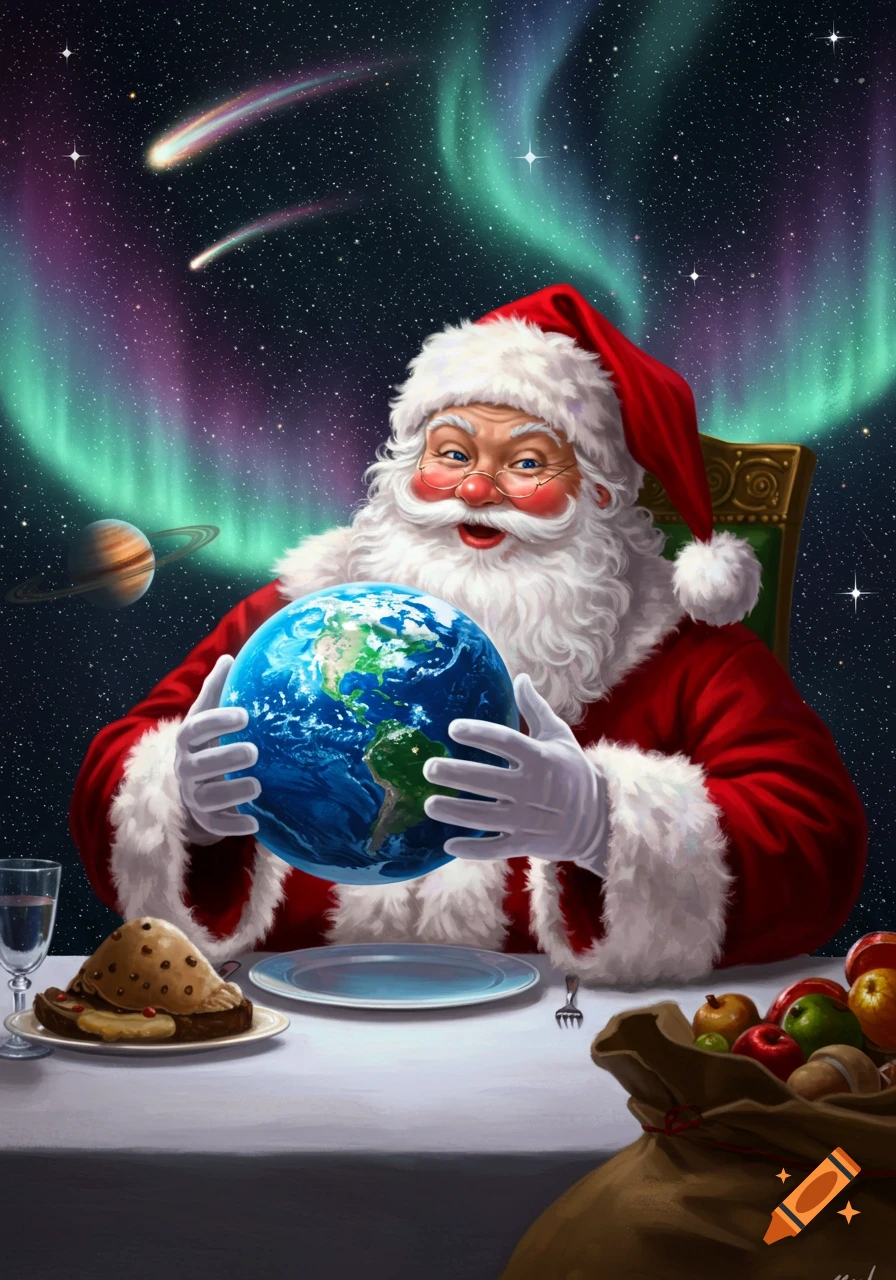 A smiling Santa Claus in a red suit holds a bright blue globe of Earth at a table, set against a starry cosmic background with green and purple aurora borealis, shooting stars, and a ringed planet.