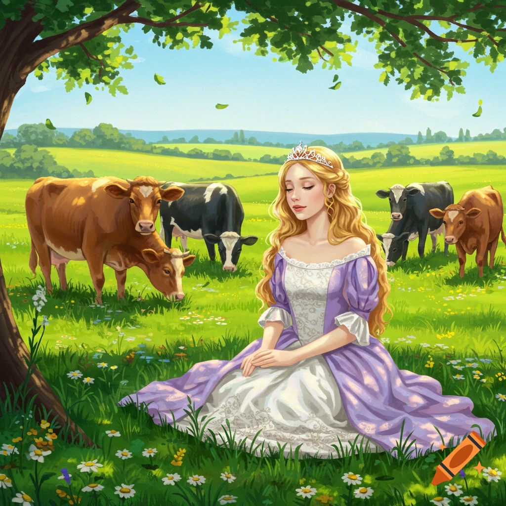 A blonde princess with a tiara sits under a tree in a sunny, green field filled with daisies, surrounded by cows.