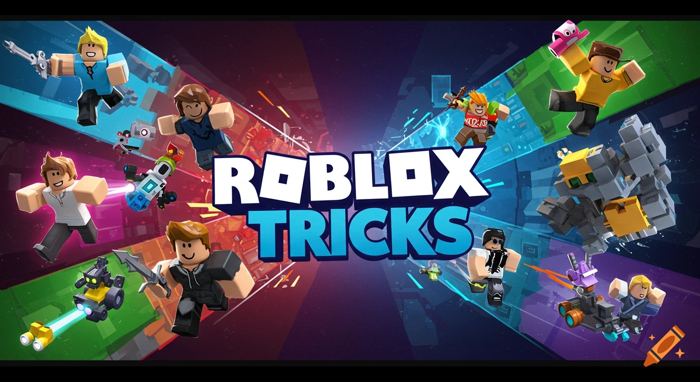 Roblox characters in action poses with "ROBLOX TRICKS" title on a vibrant split background.