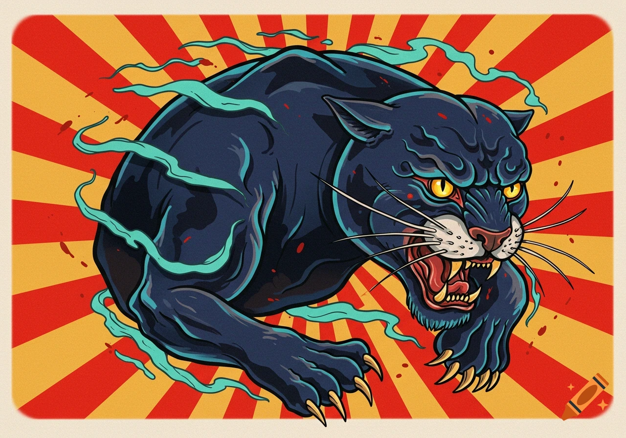 A stylized black panther with yellow eyes, bared fangs, and teal smoke, in an American traditional tattoo style against a red and yellow sunburst.