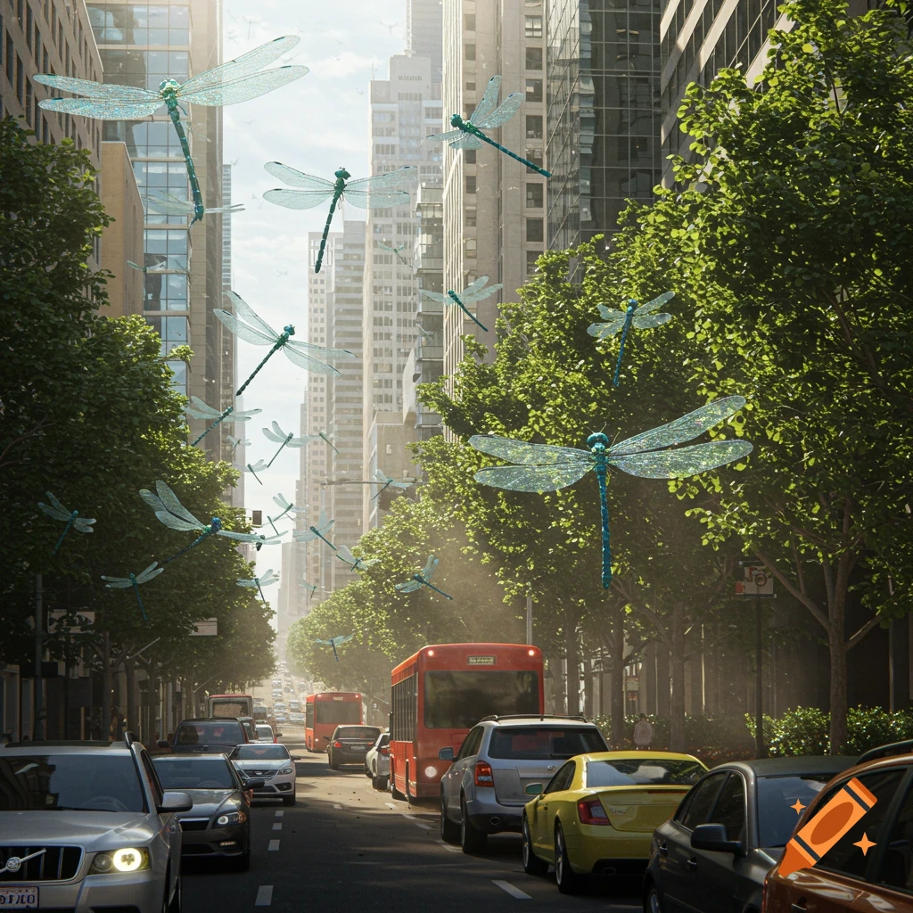 Photorealistic image of giant glowing dragonflies hovering over a bustling city street, creating a surreal traffic jam.