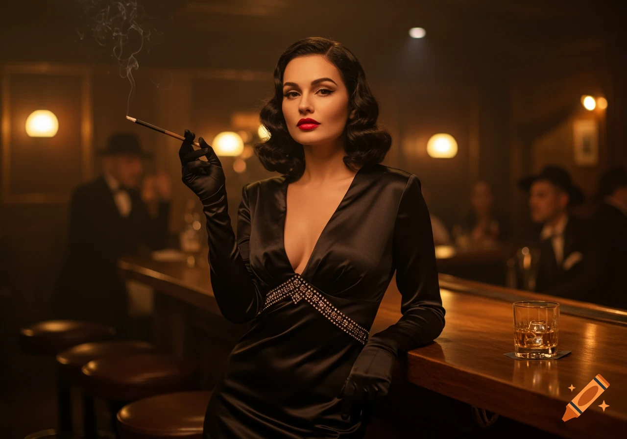 A sophisticated woman in a black dress and gloves holds a cigarette holder in a dimly lit bar, looking directly at the viewer. Photorealistic style.