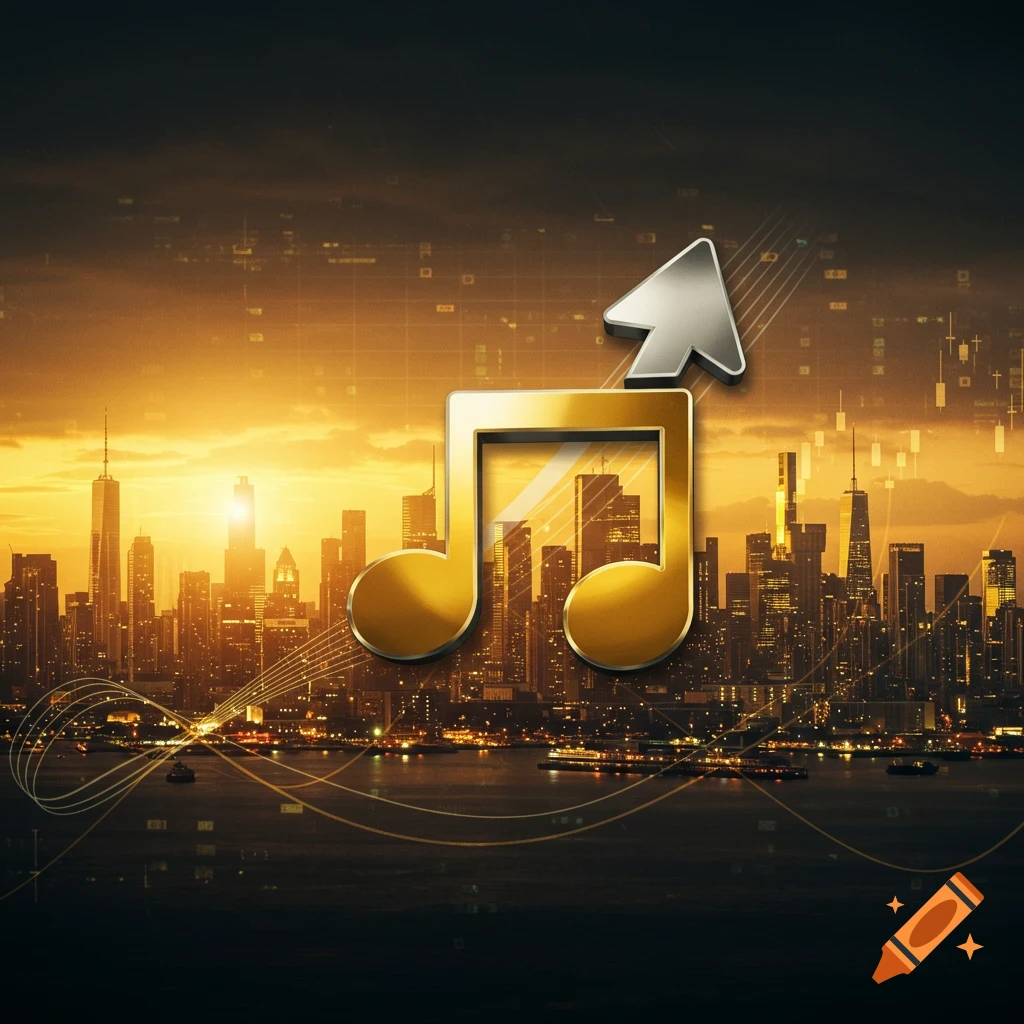 A golden music note and a silver upward arrow float above a detailed city skyline at sunset, with abstract financial data graphs in the background.