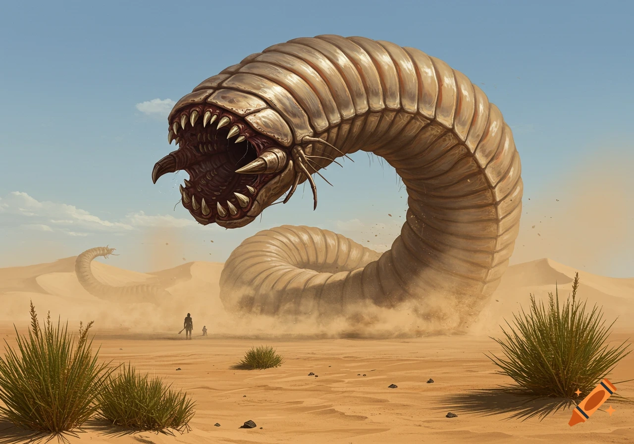 A colossal segmented sandworm with a massive open mouth full of sharp teeth emerges from the sandy desert, towering over a tiny human figure.
