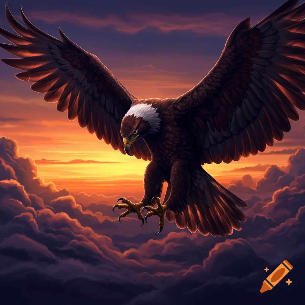 A majestic eagle with outstretched wings soars through a cloud-filled sky at sunset, with an orange and purple glow.