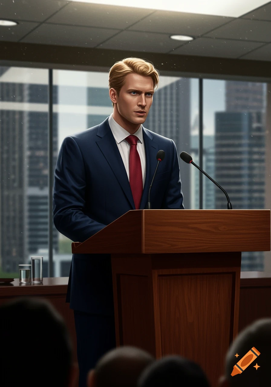 A blonde man in a navy blue suit and red tie stands at a wooden podium, giving a press conference in a modern building with city views.