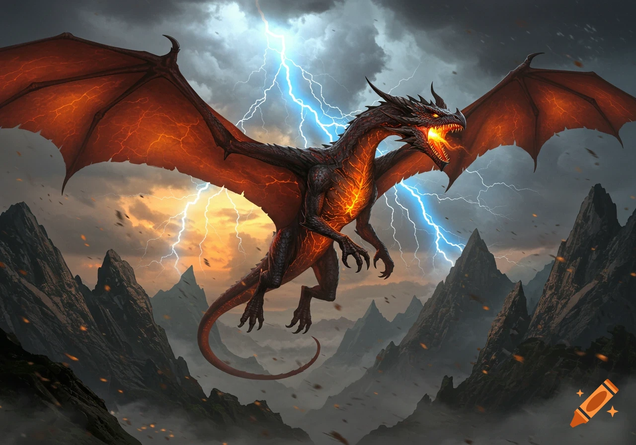 A large, dark dragon with glowing orange scales flies through a stormy, mountainous sky with lightning.