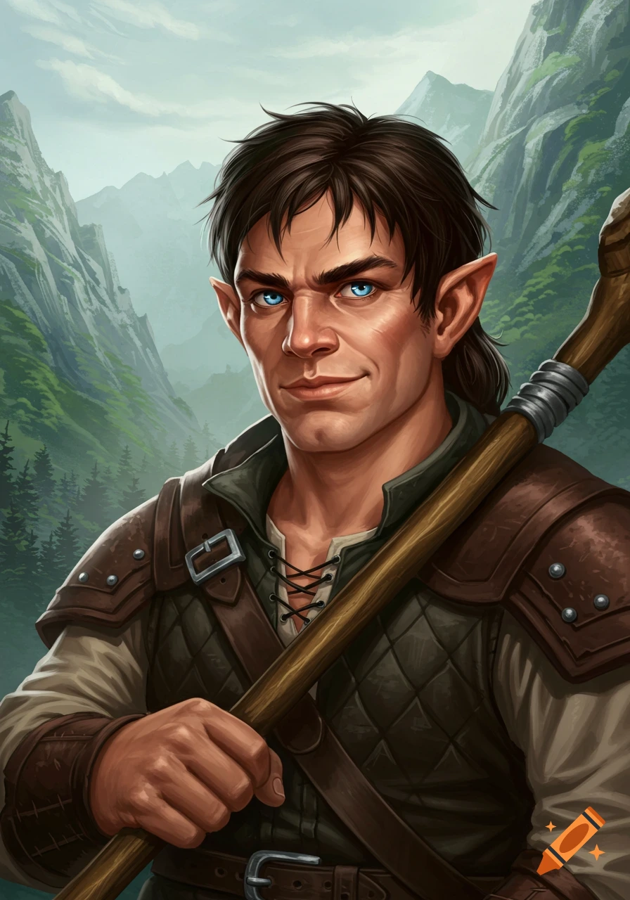 A male fantasy character with pointed ears and blue eyes, holding a quarterstaff, standing in front of mountains. Digital painting.