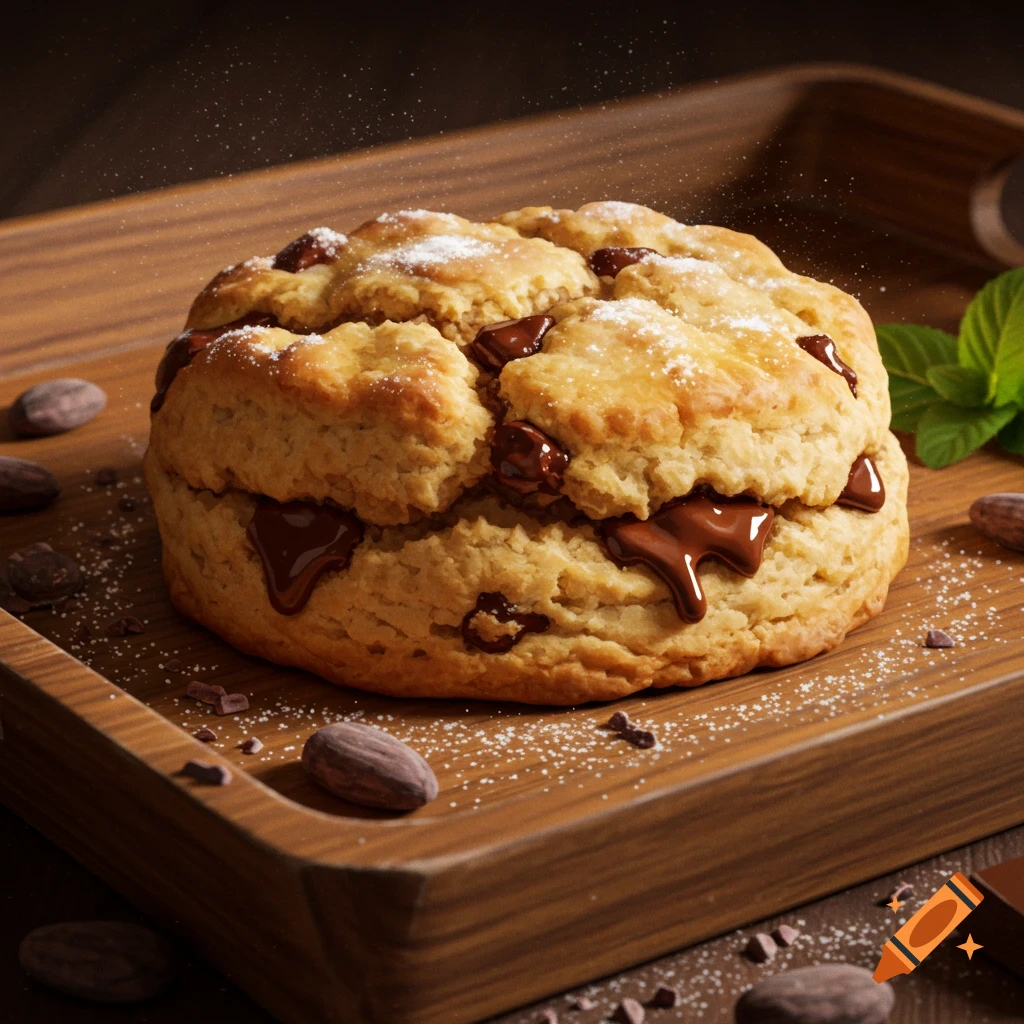 Close-up photorealistic shot of a chocolate chip biscuit with melted chocolate and powdered sugar on a wooden board.