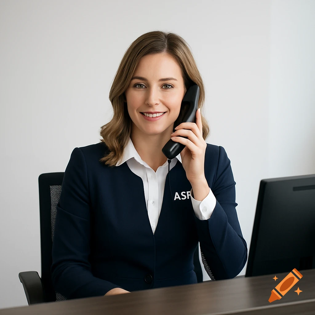 A smiling professional woman with brown hair in a dark suit and white blouse, holding a phone to her ear in an office.