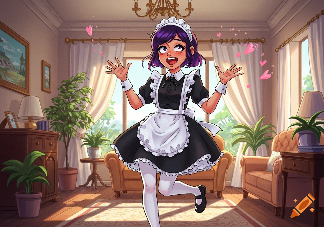 A purple-haired animated girl in a maid dress with raised hands, surrounded by pink hearts in a sunlit room.