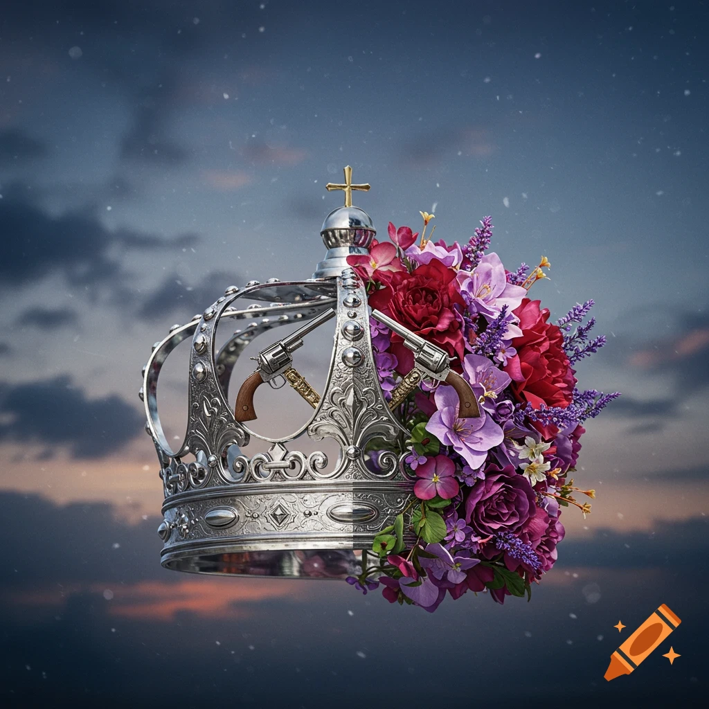 A silver crown adorned with purple and red flowers and two revolvers against a dramatic cloudy sky, photorealistic style.