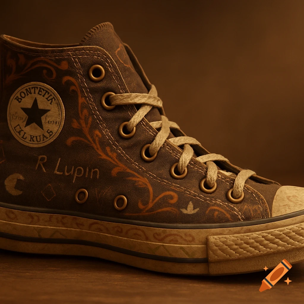 Close-up photorealistic image of a vintage brown high-top sneaker with an ornate, flowing pattern and the text "R Lupin" on its side, in warm lighting.