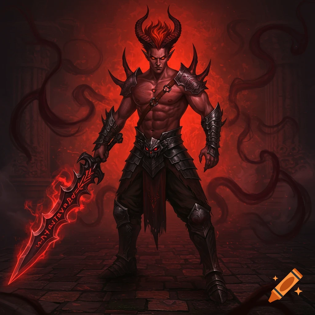 A powerful demonic figure with red skin, horns, and glowing red eyes, clad in dark spiked armor, stands holding a fiery demonic blade with illegible glowing runes.