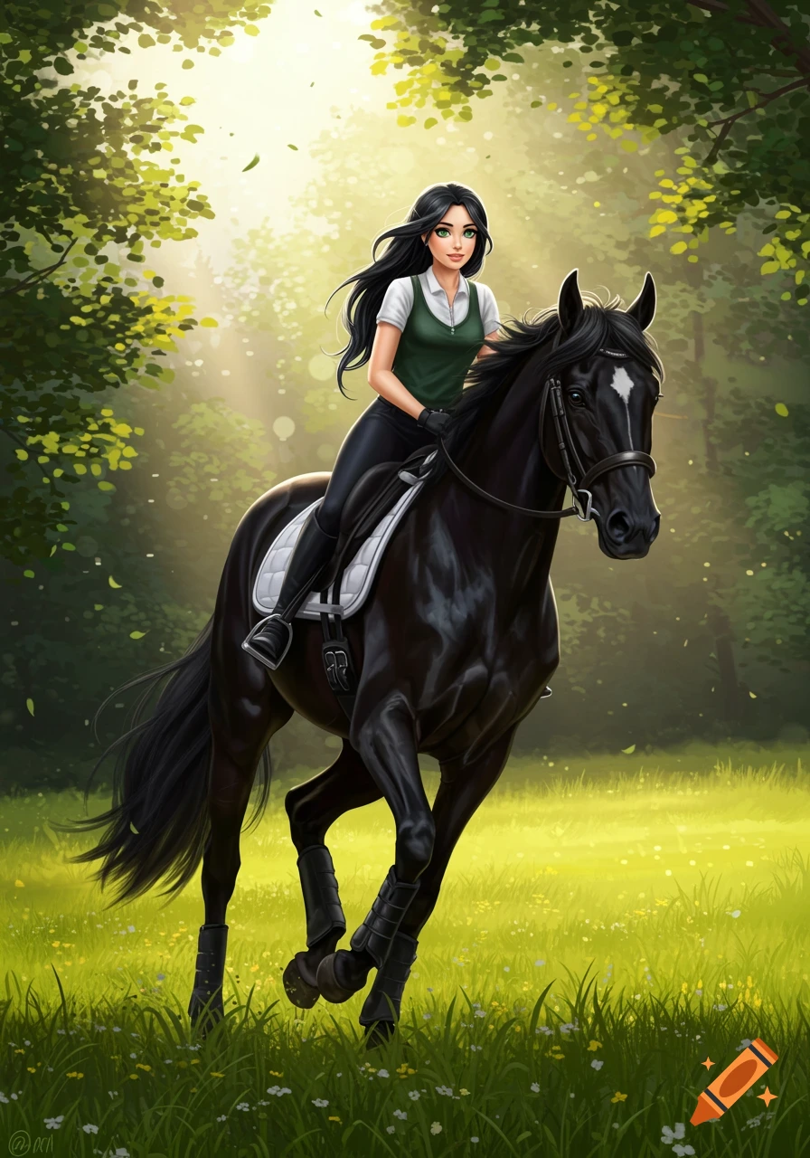 A girl with black hair and green eyes rides a black horse through a sunlit forest clearing in a stylized illustration.