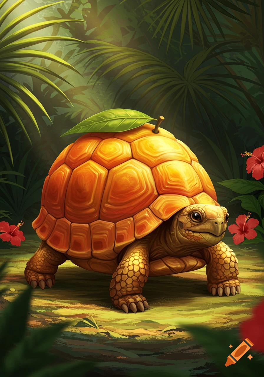 A stylized illustration of a tortoise with a mango-patterned shell and a green leaf on its head, standing in a lush tropical jungle.