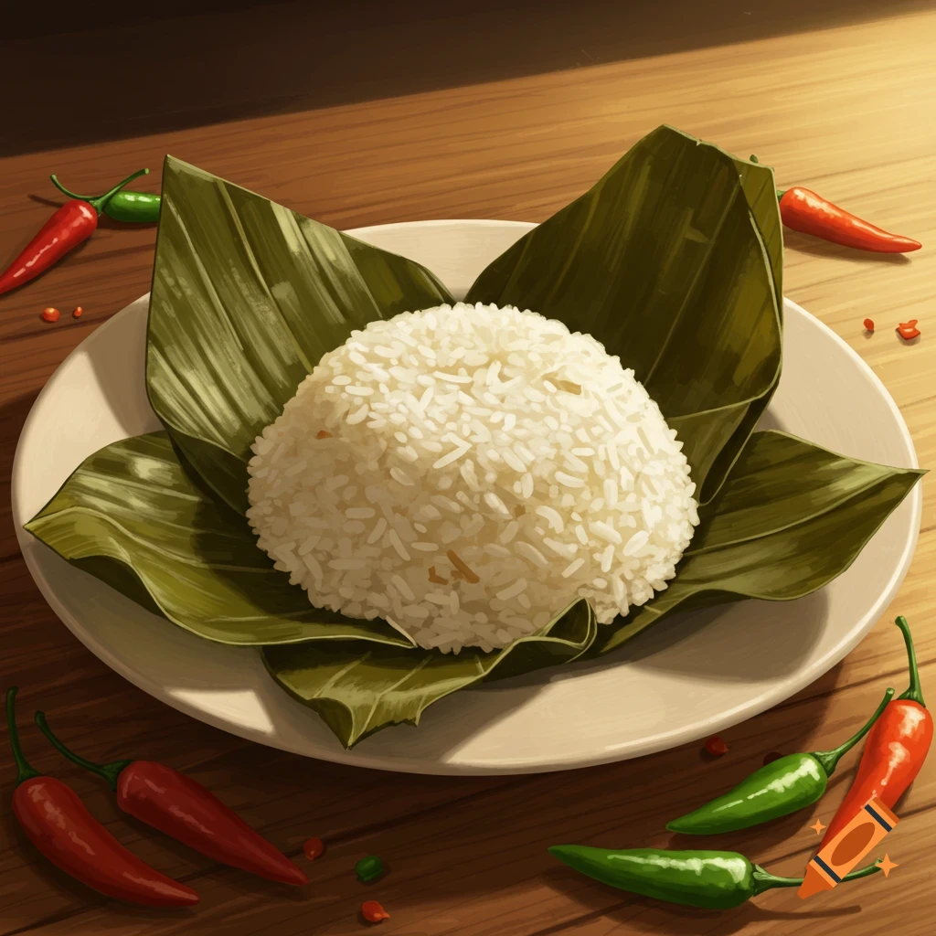 A mound of white rice wrapped in green leaves on a white plate, surrounded by red and green chili peppers on a wooden table.