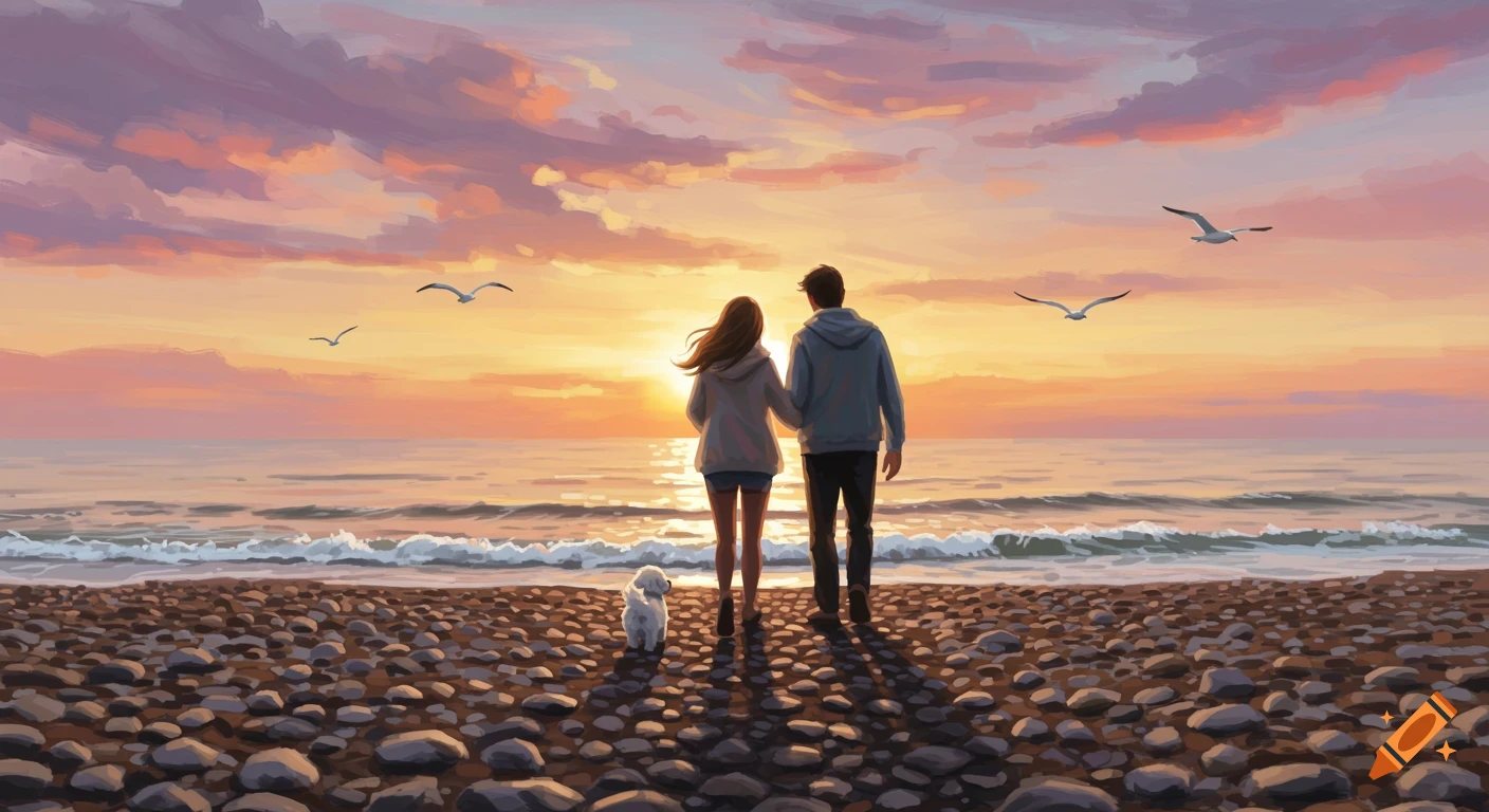 An illustrated couple and their small white dog walk on a pebble beach at sunset, with waves and seagulls in the distance.