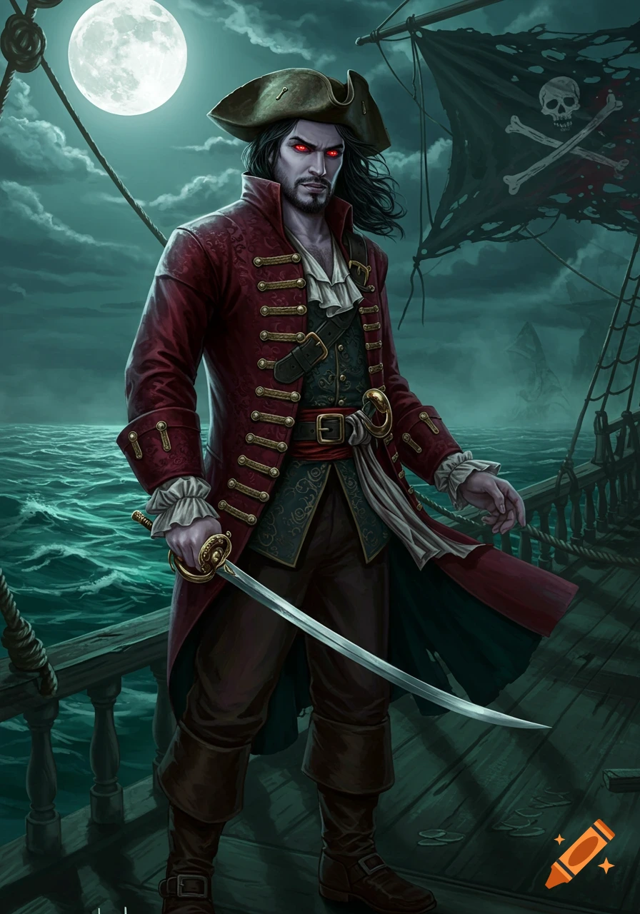 A digital illustration of a male vampire pirate with red eyes, standing on a ship deck at night under a full moon, holding a saber.