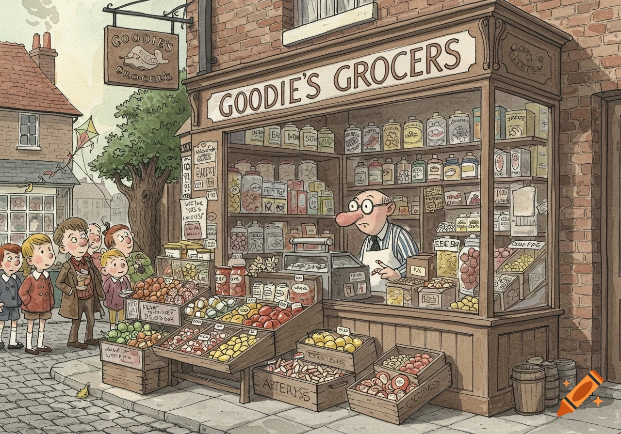 A vintage illustration of a 1950s English grocer's shop with a proprietor behind the counter and children outside looking at produce.