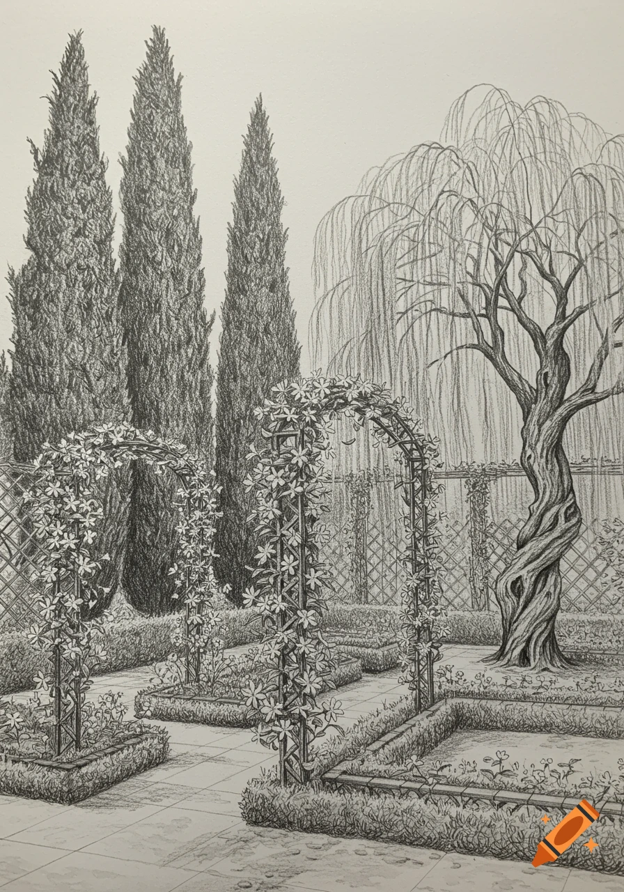 A detailed pencil drawing of a landscaped garden with tall Italian cypress trees, jasmine vine covered trellises, and a weeping willow tree.