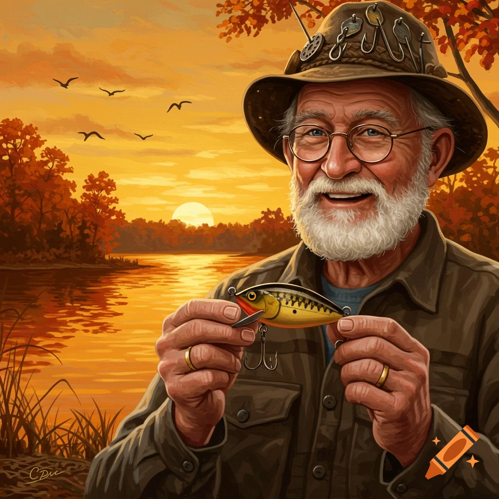 A smiling old man with a beard and a fishing hat holds a lure, with an autumn sunset over a lake in the background.