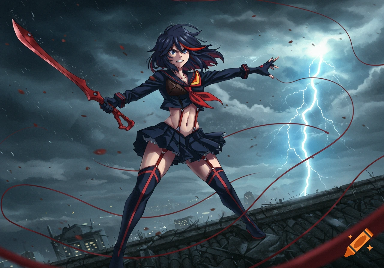An anime girl with a red sword and black uniform stands on a rooftop under a stormy sky with lightning.