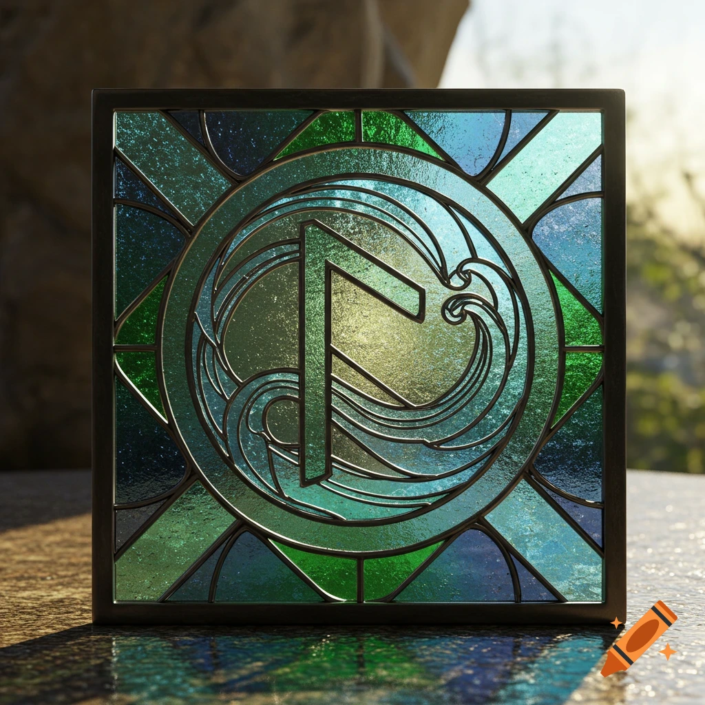 Stained glass square with a green Laguz rune surrounded by blue and green waves, set against an outdoor background.