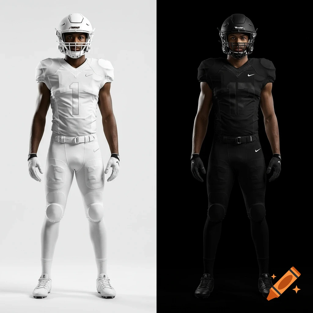 Two American football players in full uniform: one in white against a white background, the other in black against a black background.