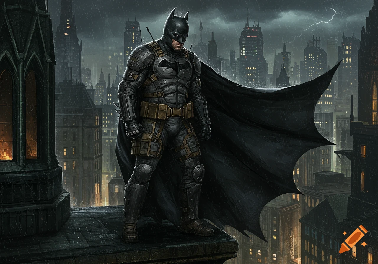 Batman in a tactical suit stands on a dark, rainy Gotham City rooftop with lightning in the sky. Comic book art style.