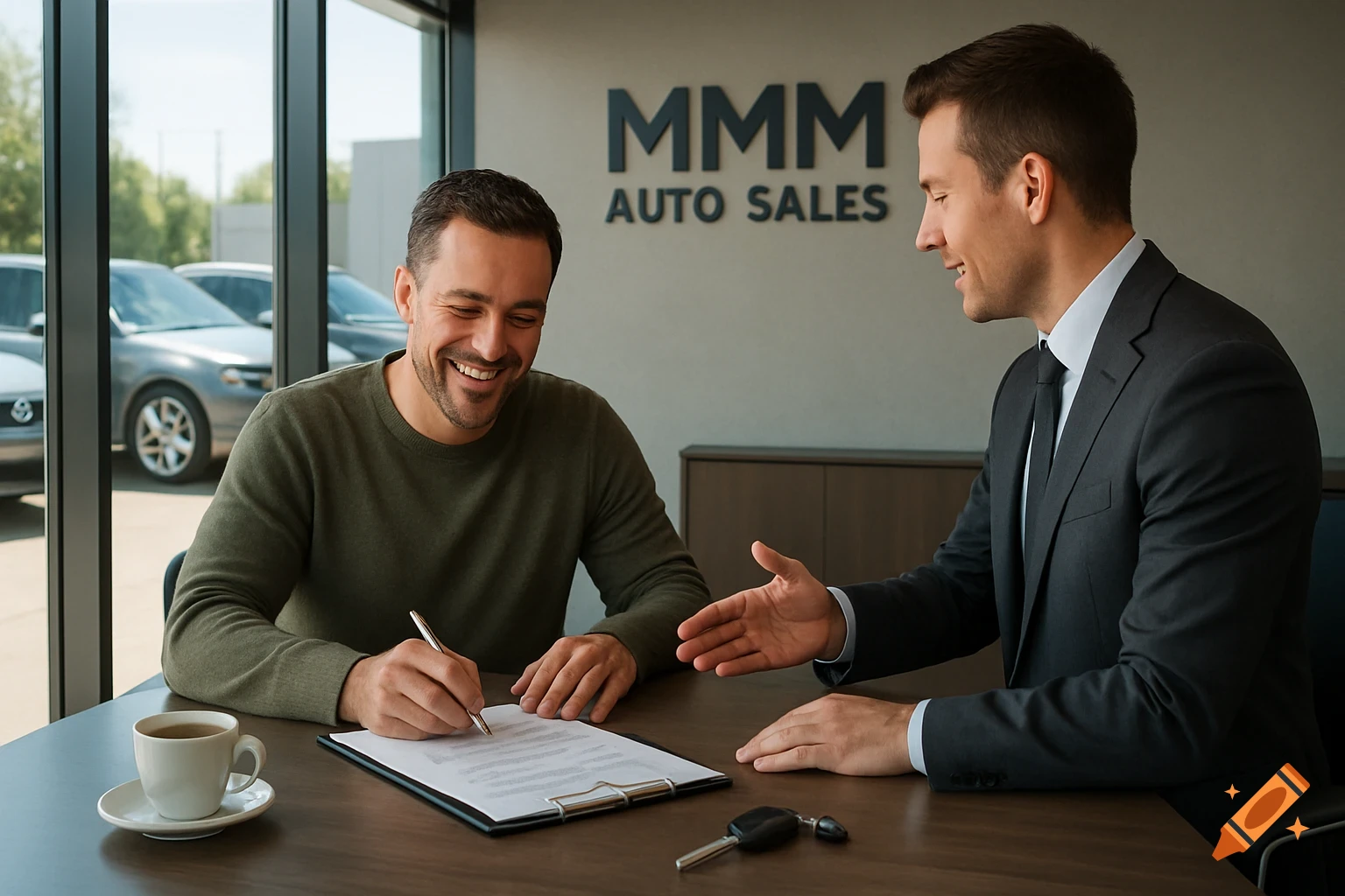 Smiling customer signs car purchase papers at a dealership desk with a salesperson. Coffee cup and car keys are on the desk. Photorealistic.
