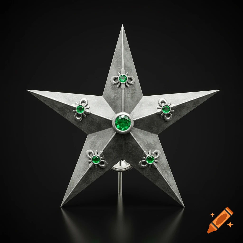 A detailed photorealistic image of a sterling silver star with a fleur de lis design and emeralds on a dark background.