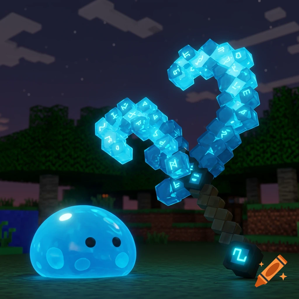 A glowing blue slime creature sits beside a glowing blue, crystalline tool shaped like a question mark, both in a blocky Minecraft-style world at night.