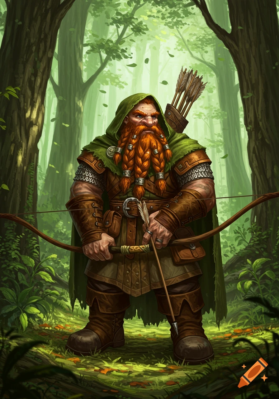 A dwarf ranger with a braided red beard and green hooded cloak stands in a forest, holding a bow and arrow.