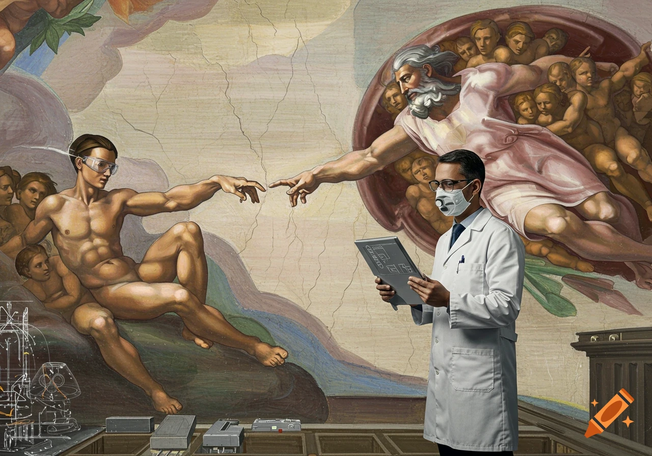 A modern scientist in a lab coat and mask holds a tablet while reaching towards God in a reimagining of Michelangelo's Creation of Adam, with Adam also wearing goggles.
