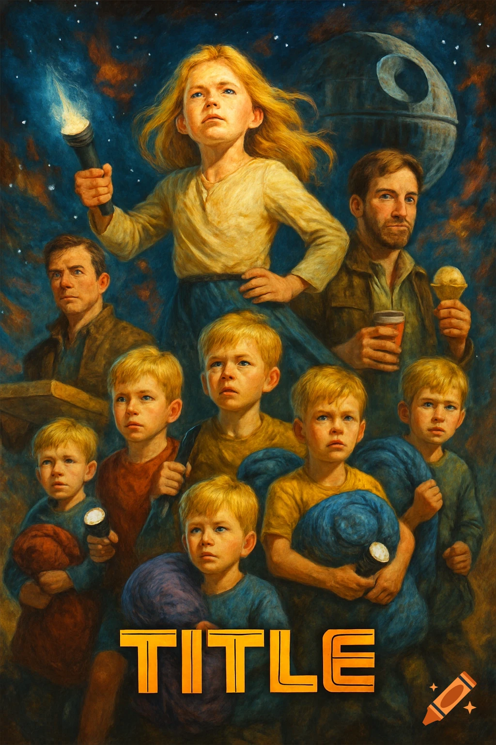 An oil painting movie poster shows a blonde girl holding a flashlight and a group of blonde boys and men with supplies, set against a cosmic background with a large space station.