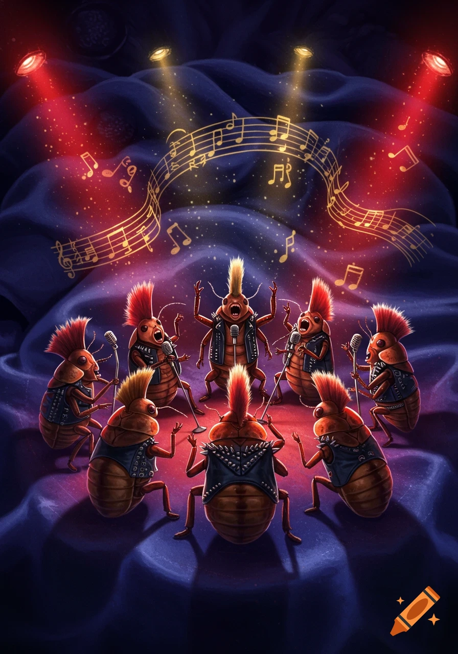 A band of punk rock bed bugs sing into microphones on a stage with spotlights and musical notes floating above them.