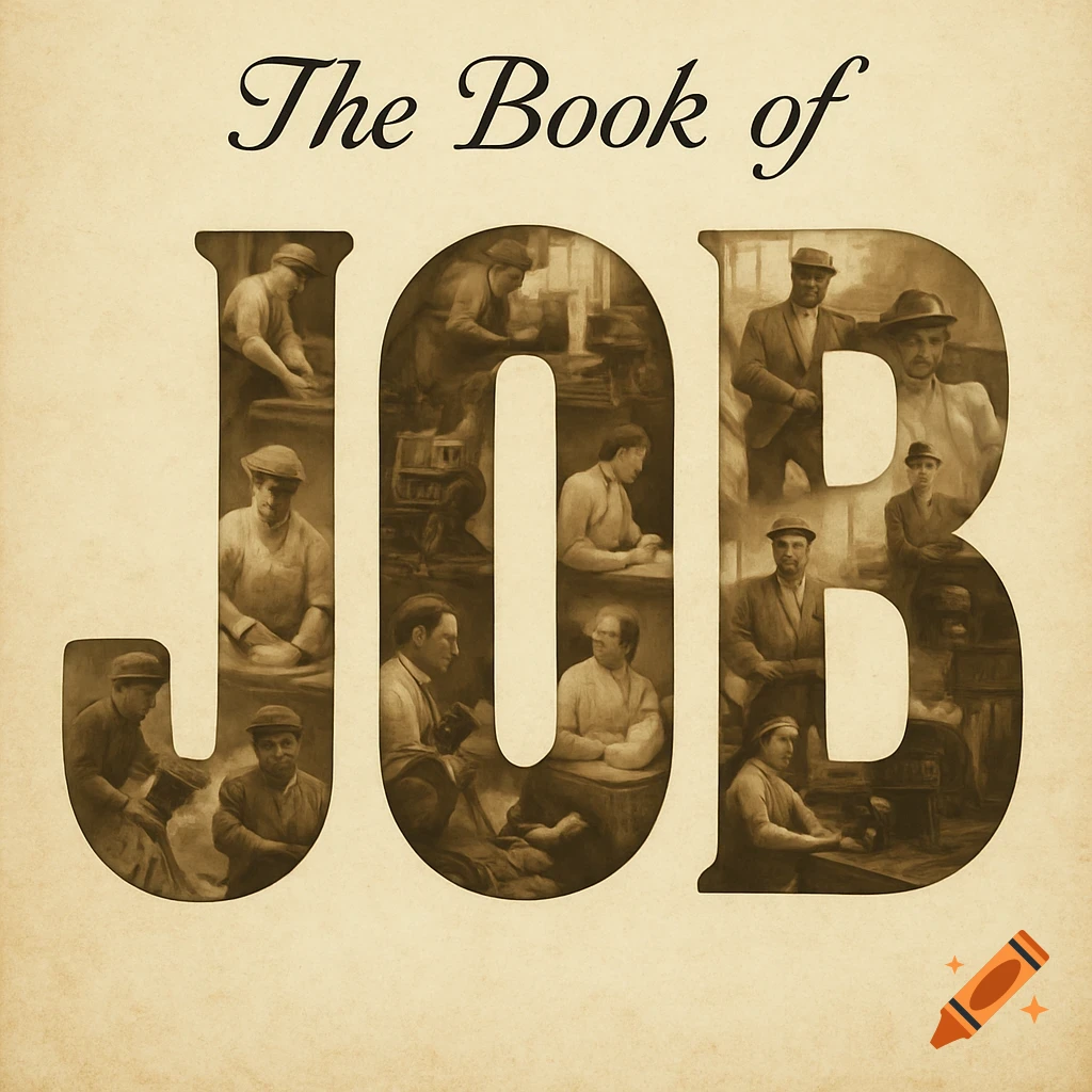 A vintage graphic with "The Book of JOB" text. The letters "JOB" are filled with sepia-toned illustrations of men engaged in various forms of work.