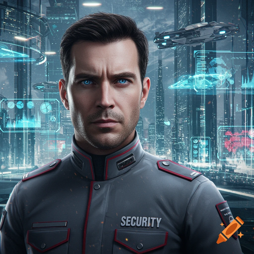 Photorealistic portrait of a sci-fi security guard with blue eyes, dark hair, and a grey uniform, standing in a futuristic city.
