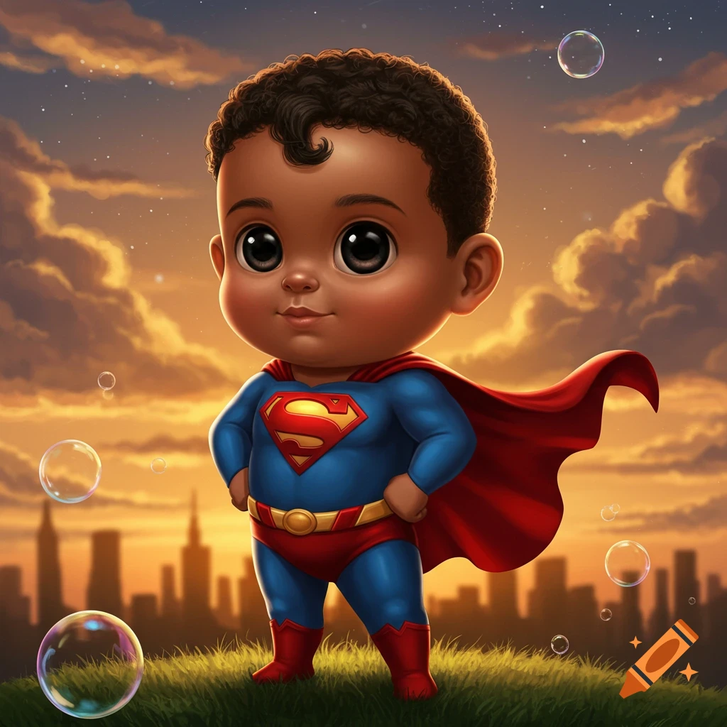 A cute, dark-skinned baby in a Superman suit and red cape stands on grass with a city skyline and sunset sky, bubbles floating.